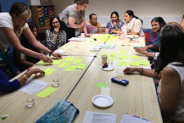 Participation workers helping the group who are sat at a table sorting cards with text on them