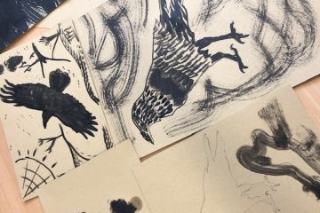 Paintings of crows. One drawing outline of a crow.