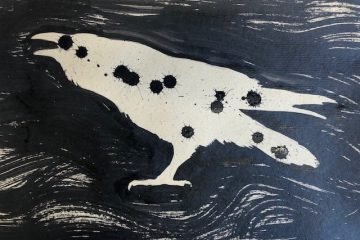 Black and white painting of a crow