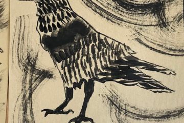 Black and white painting of a crow
