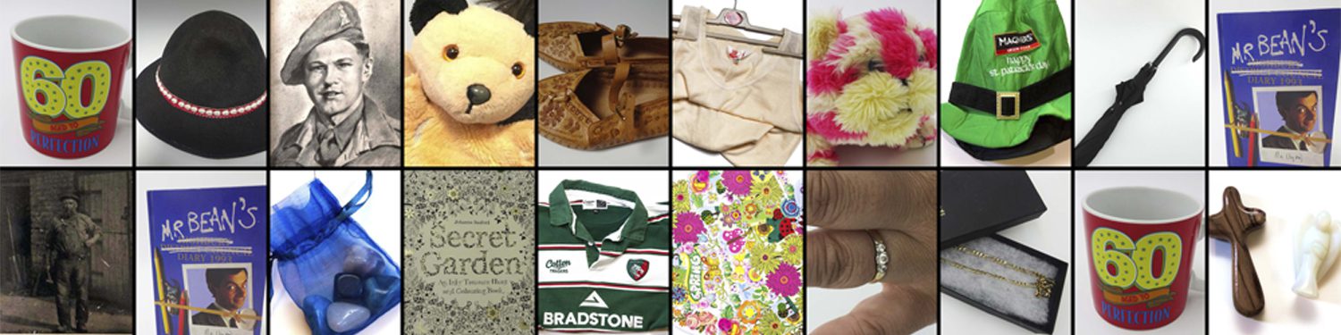 A collage of people's chosen precious items featuring a sooty toy, mr bean book, clothing, jewellery and more