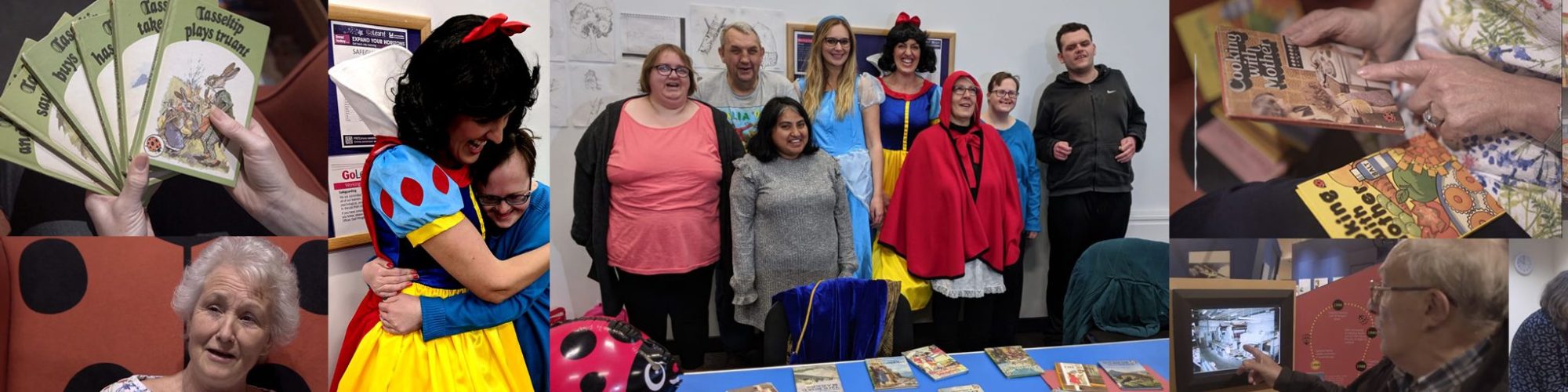 Collage banner of the Ladybird book event. Including woman dressed up as Snow white. People looking at old Ladybird books and the exhibition.