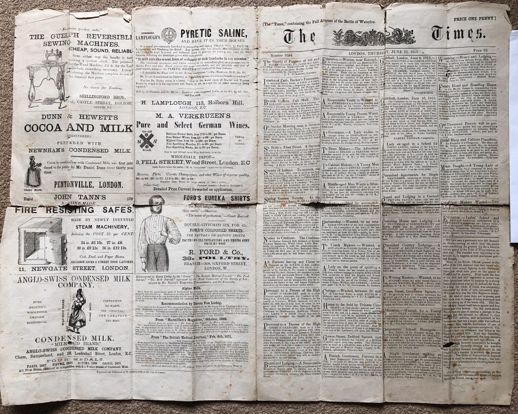 London Times 1815 newspaper spread