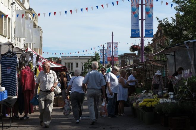 Loughborough market stalls.