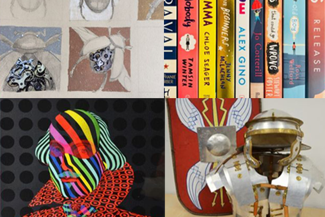 Collage of books, artworks and an armour and shield artefact