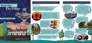 A leaflet page detailing five interesting facts by the residents of Brookfield and how we stay well, happy and connected in great glen. Page is adorned with images and drawings.