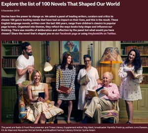 Screenshot of an article: Explore the list of 100 Novels that shaped our world featuring an image of a group of people reading in a library