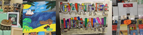 Collage banner featuring book display, Gartree Library artwork sign and island artwork
