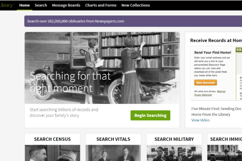Screenshot of a family history website. text reads: start searching billions of records and discover your family's history