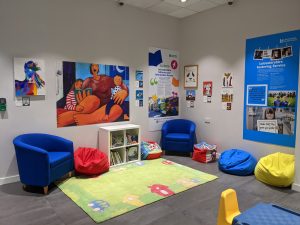 Children's area with picture books and beanbags