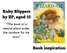 The Wizard of Oz book cover. Quote from ZP aged 15: 'The book is a special place under the rainbow for me x o x o'