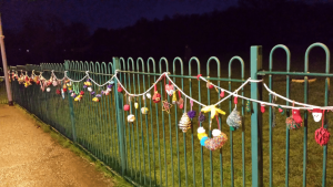 Railings hung with christmas decorations