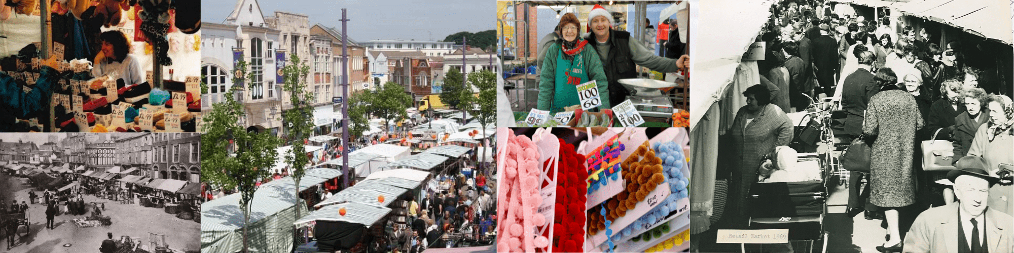 Collage banner featuring images of Loughborough market, including vegetable and fabric stalls. Two black and white photos of the market in the past.