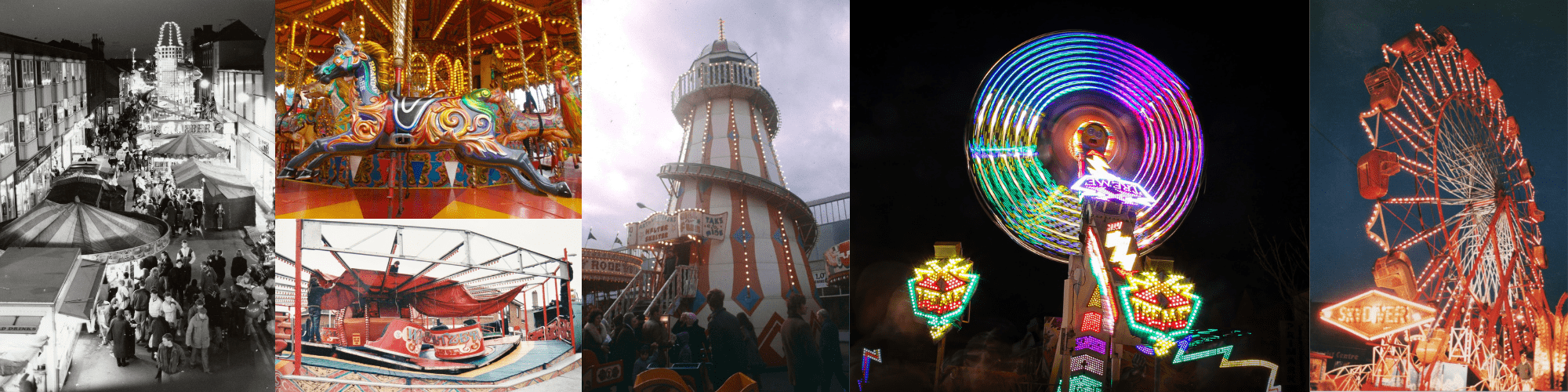 Collage banner featuring fairground rides at day and night. one is in black and white.