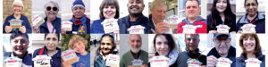 Collage banner of several people, young and old, holding up one word they would use to describe the market. such as sociable. treats. homemade.