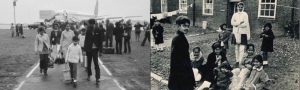 Left image: black and white photo of Asian families getting off a plane. Right image: black and white photo of an Asian family sat on the ground in front of a house