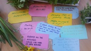Several tags which have been written on. Example quotes include: painting plant pots. planting bulbs. enjoyed all the activities. would like more of these activities. 