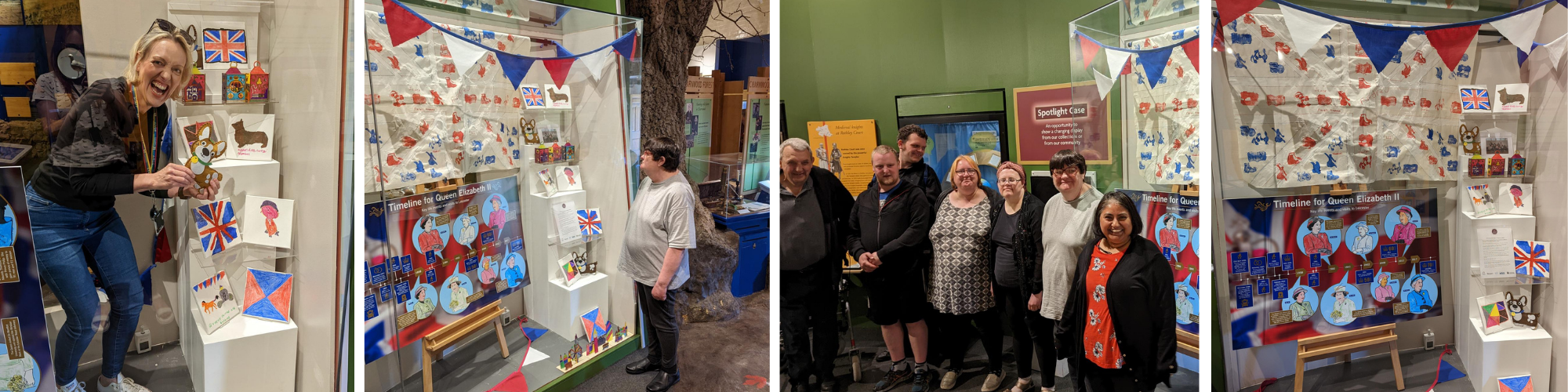 A banner consisting of four images: participation worker Jemma holding her thumbs up next to Jubilee artworks; Local History volunteer looking at Jubilee display case; Local History Volunteer group photo; Jubilee display case containing Union Jacks and artworks