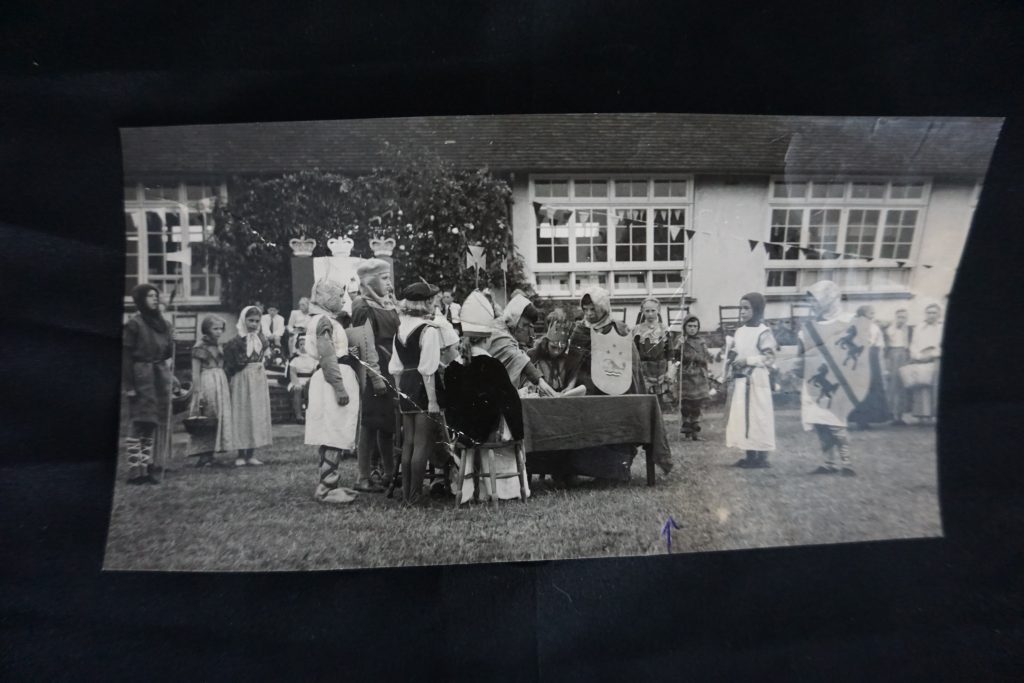 A black and white photo of Sylvia's school pageant