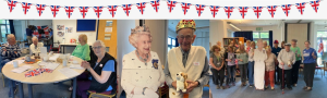Banner consisting of three images: a group of elderly people sat chatting around a table; an elderly man wearing a crown and holding a toy corgi next to a cardboard cut-out of the queen; Jubilee workshop elderly participants and staff members group photo around cardboard cut-out of the queen
